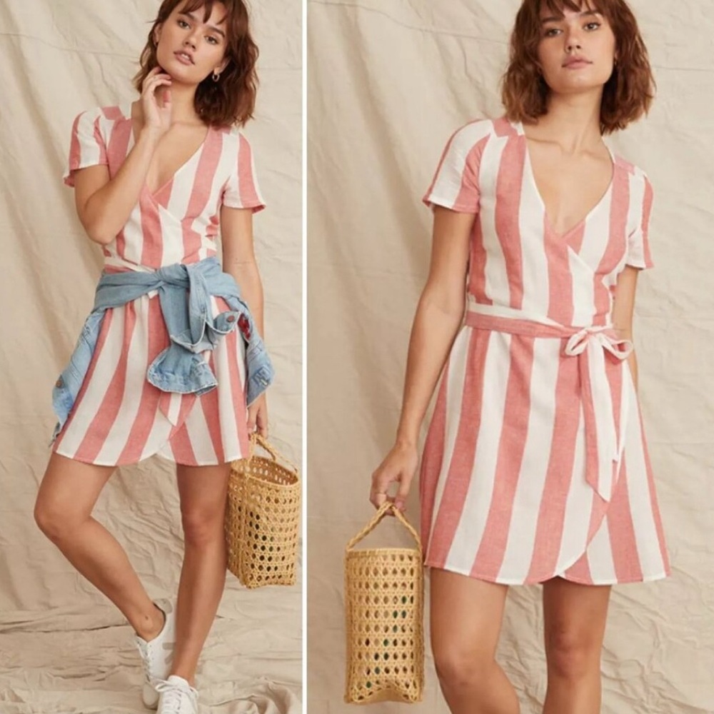 Marine Layer Frances Poppy Red and White Strip Linen Blend Wrap Dress Size XS